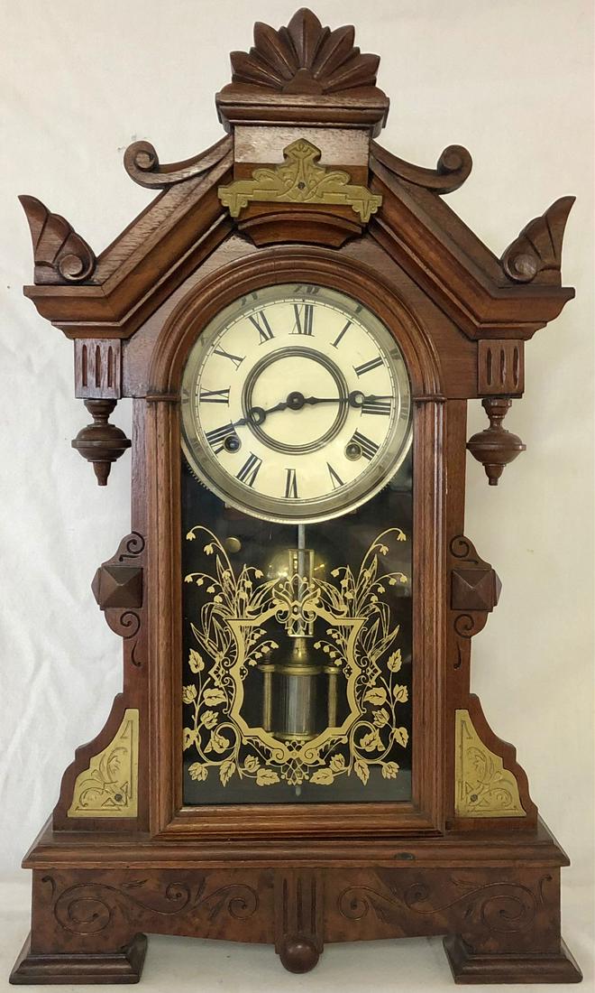 VICTORIAN CARVED WALNUT PARLOR CLOCK W/ GILT MOUNTS (1 of 12)