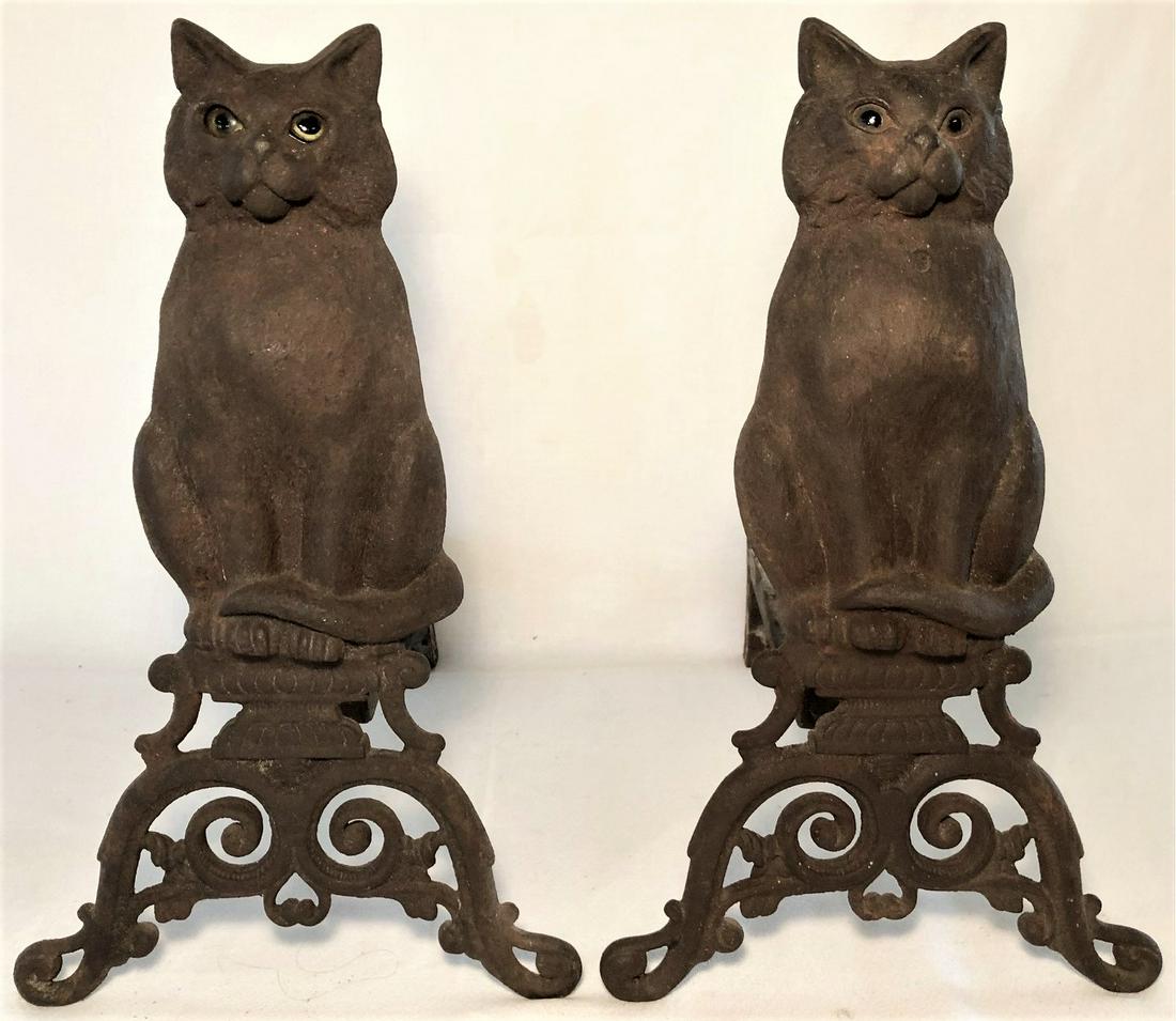 PAIR ANTIQUE CAST IRON CAT ANDIRONS W/ GLASS EYES (1 of 11)