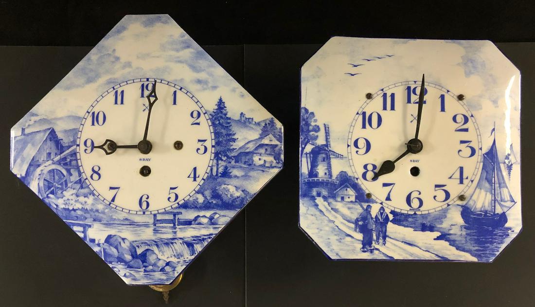 LOT 2 VINTAGE BLUE / WHITE ENAMEL WALL CLOCKS (1 of 6)