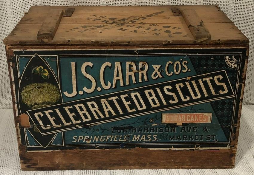 ANTIQUE WOODEN J.S. CARR BISCUITS ADVERTISING BOX: ANTIQUE WOODEN J.S. CARR BISCUITS ADVERTISING BOX WITH ORIGINAL PAPER LABELS INTACT - "J.S. CARR & CO'S. CELEBRATED BISCUITS SPRINGFIELD MASS." - LID INTACT - GREAT CONDITION!