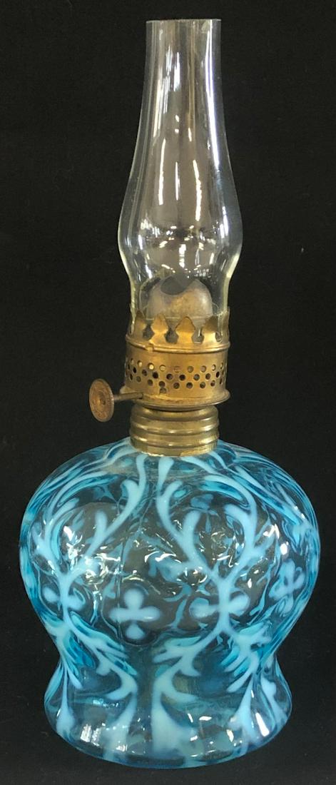 MINIATURE BLUE OPALESCENT SPANISH LACE OIL LAMP (1 of 7)