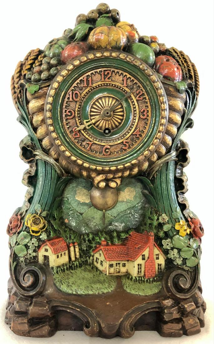 LG LUX CORNUCOPIA SHELF CLOCK: LG LUX CORNUCOPIA SHELF CLOCK WITH DOUBLE CORNUCOPIA TOP WITH FRUIT AND VEGGIES AND LOWER SECTION WITH LANDSCAPE COTTAGE / FARM HOUSE SCENE - 16 1/4" HIGH X 11" WIDE X 5" DEEP