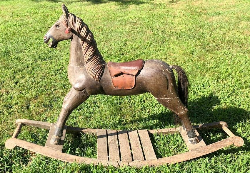 19TH C. WOODEN FOLK ART ROCKING HORSE IN ORIGINAL PAINT (1 of 13)
