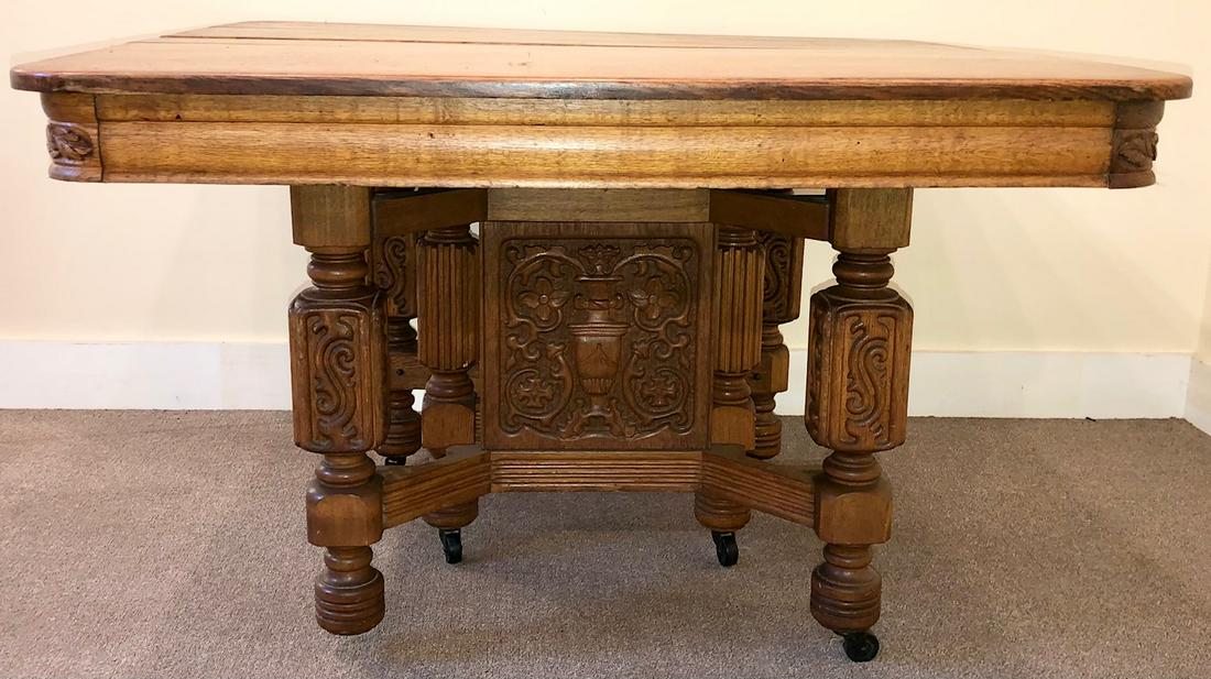 SQUARE OAK TABLE W/ CARVED BASE & 3 LEAVES (1 of 9)
