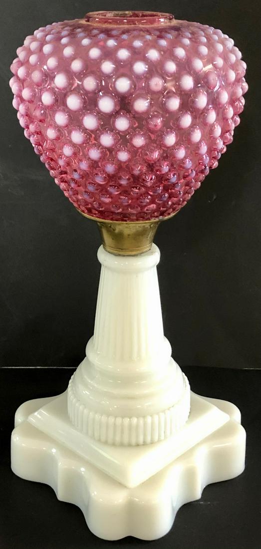 CRANBERRY OPALESCENT HOBNAIL PEDESTAL BASE OIL LAMP (1 of 7)