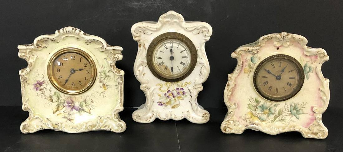 LOT 3 MINIATURE PORCELAIN SHELF CLOCKS (1 of 10)