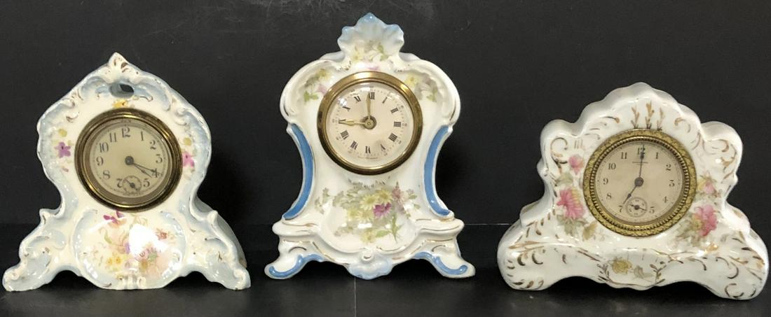 LOT 3 MINIATURE PORCELAIN SHELF CLOCKS (1 of 10)