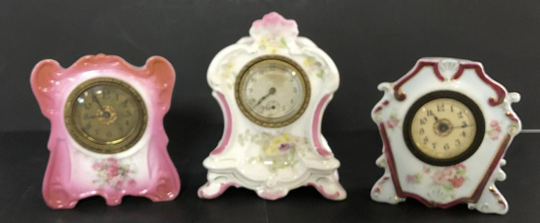 LOT 3 MINIATURE PORCELAIN SHELF CLOCKS (1 of 9)