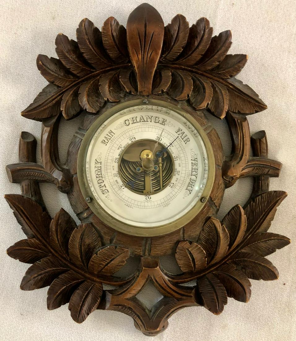 VICTORIAN HAND CARVED 'BLACK FOREST' WOODEN BAROMETER (1 of 7)
