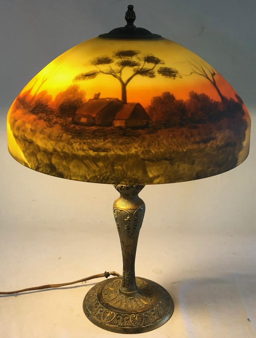 ART DECO PARLOR LAMP W/ REVERSE GLASS PAINTED SHADE (1 of 7)