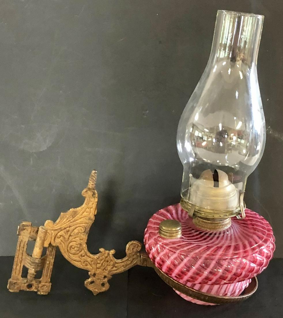 VICTORIAN CRANBERRY OPALESCENT SWIRL BRACKET LAMP W/ (1 of 10)