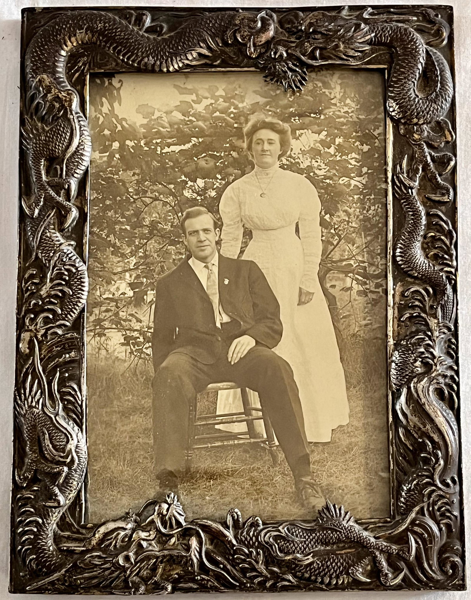 ANTIQUE EMBOSSED STERLING SILVER CHINESE DRAGON FRAME (1 of 9)