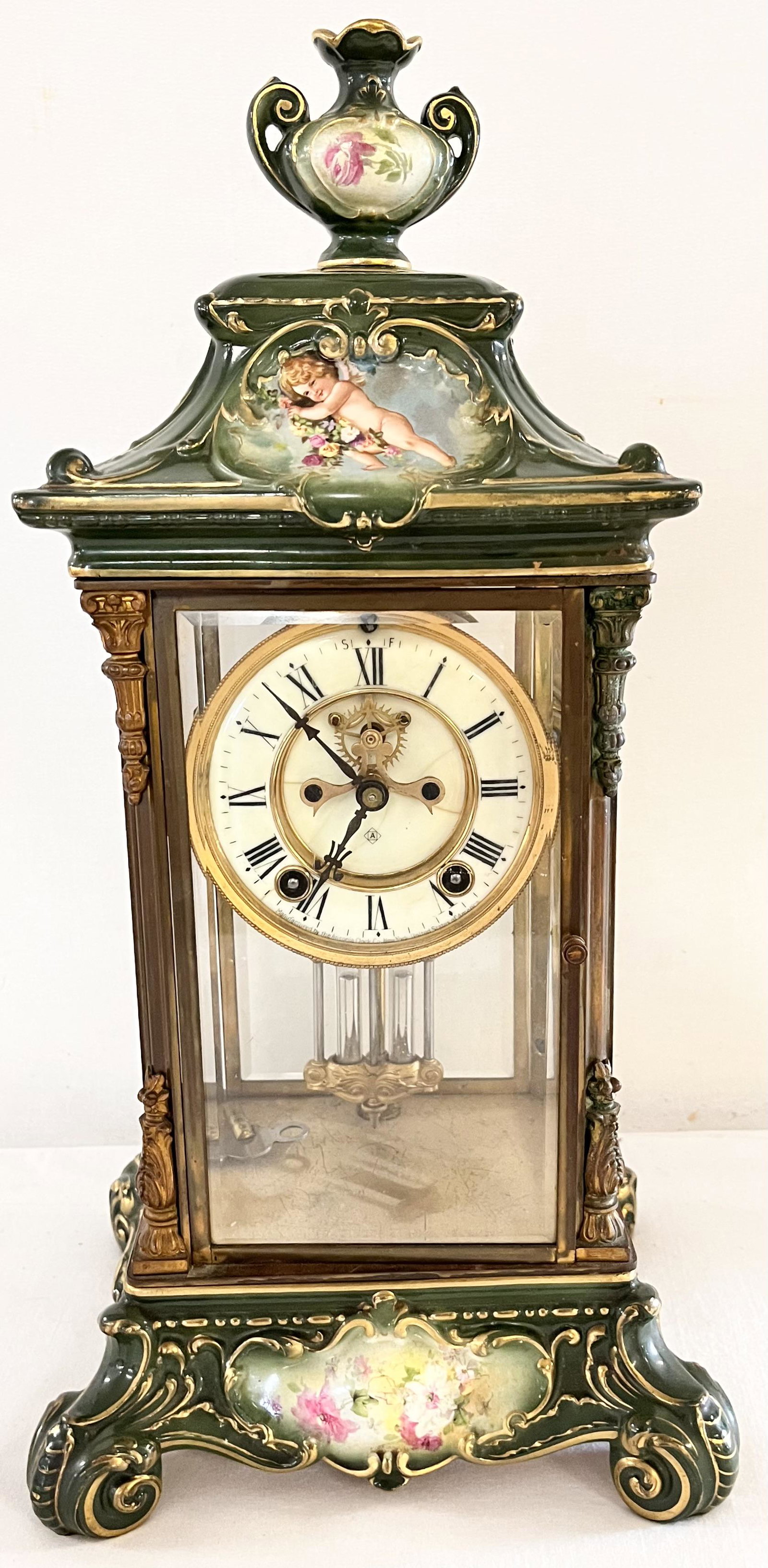 ORNATE VICTORIAN ANSONIA PORCELAIN & BRASS MANTLE CLOCK (1 of 14)