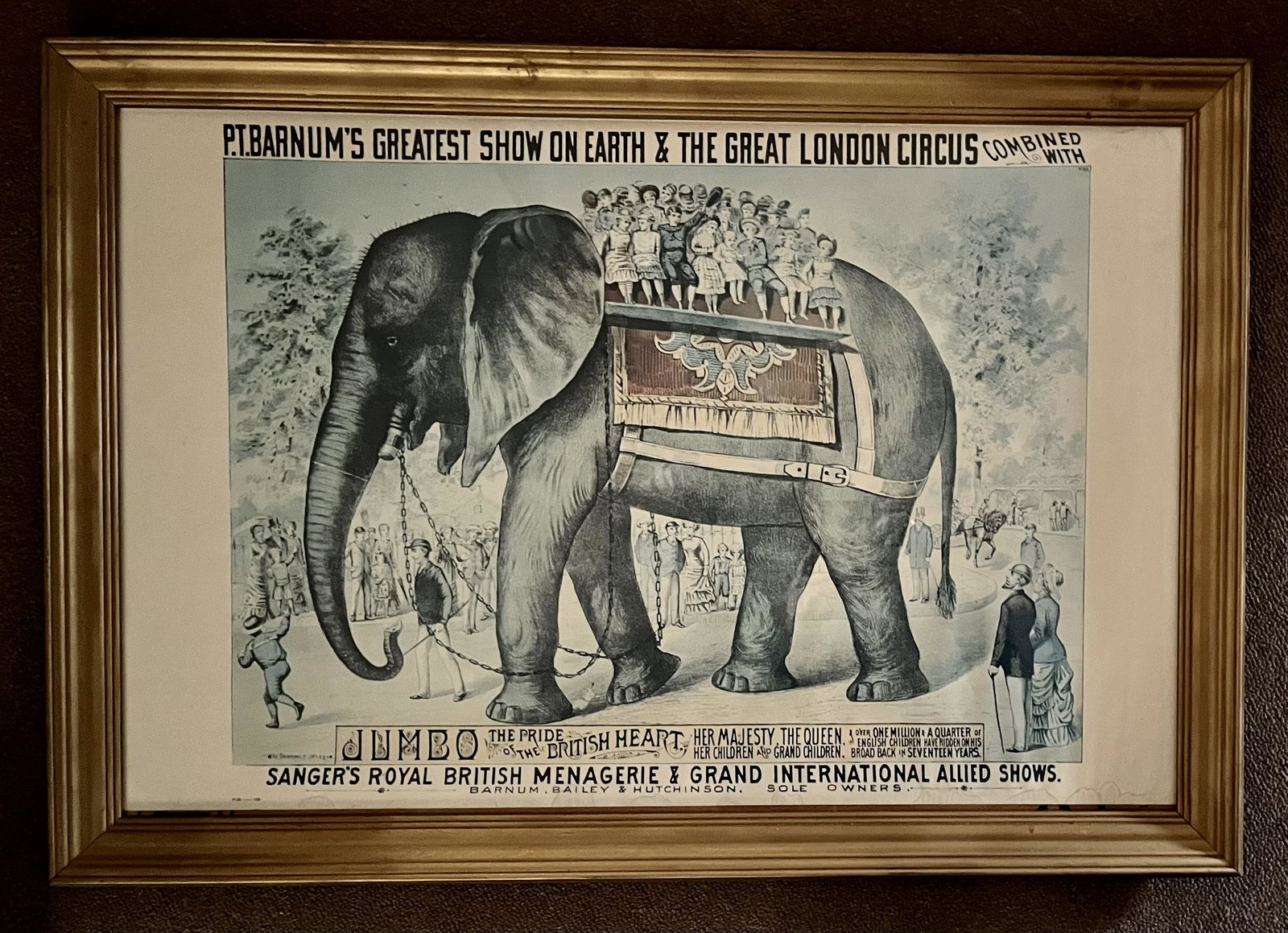 EARLY FRAMED P.T. BARNUM POSTER "JUMBO" THE ELEPHANT: EARLY FRAMED P.T. BARNUM POSTER "JUMBO" THE ELEPHANT - "P.T. BARNUM'S GREATEST SHOW ON EARTH & THE GREAT LONDON CIRCUS COMBINED WITH SANGER'S ROYAL BRITISH MENAGERIE & GRAND INTERNATIONAL ALLIED SHOWS