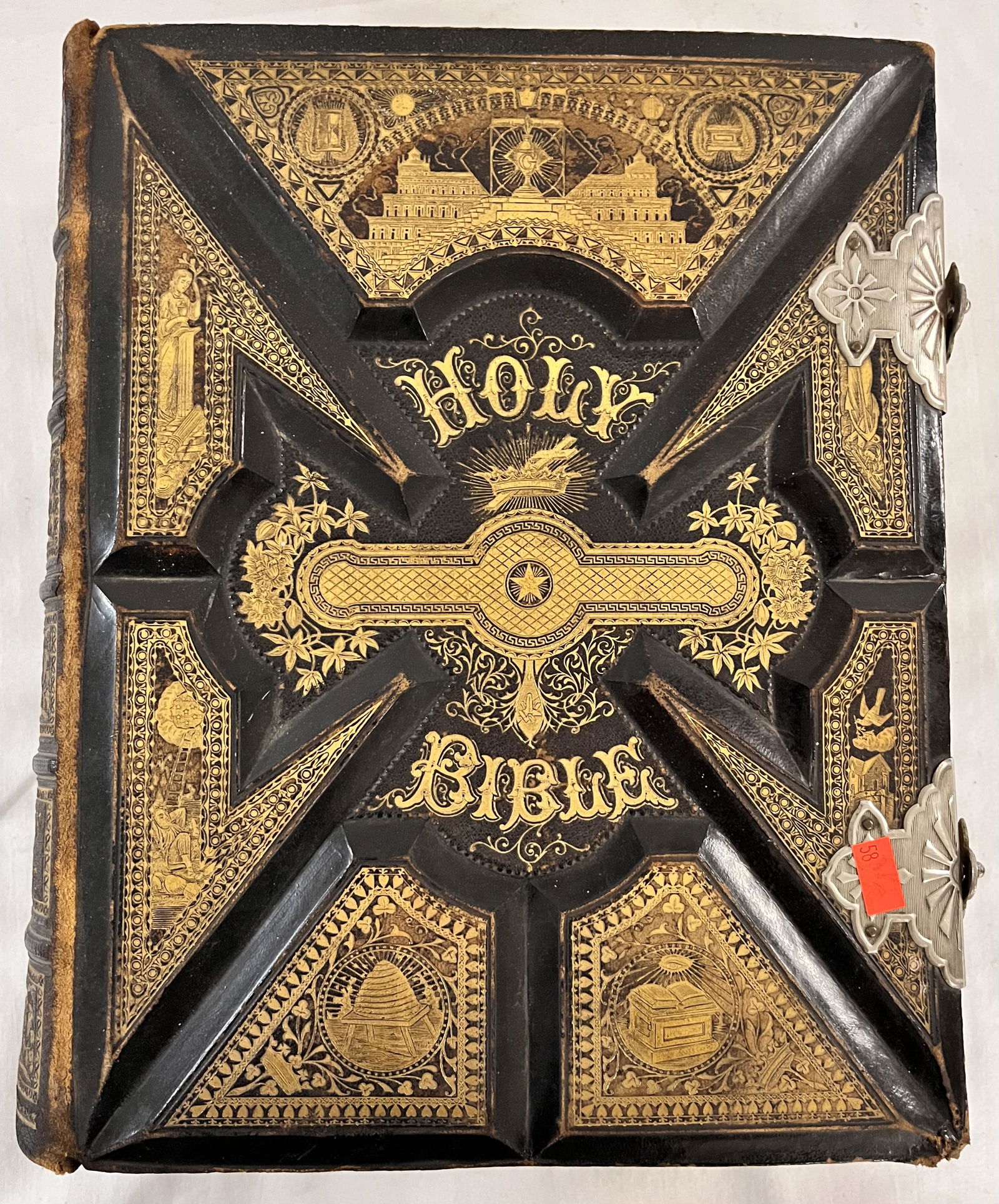 LARGE 19TH C. ANTIQUE GILT LEATHER HOLY BIBLE (1 of 13)