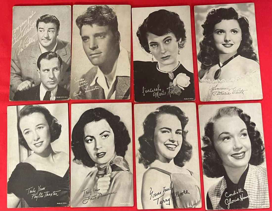 LOT 40 CIRCA 1950'S HOLLYWOOD STARS EXHIBIT CARDS: INCLUDING BURT LANCASTER, CELESTE HOLM, DOROTHY LAMOUR, ANGELA LANSBURY, VIVIAN LEIGH, ROBERT YOUNG, ABBOTT & COSTELLO - DECENT CONDITION