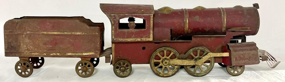 19TH C. DAYTON HILL CLIMBER STEAM ENGINE & COAL CAR: 19TH C. DAYTON HILL CLIMBER LOCOMOTIVE STEAM ENGINE & COAL CAR - FRICTION FLY WHEEL TOY - ORIGINAL RED PAINT W/ GOLD TRIM - CAST IRON SPOKED WHEELS - 26 1/2" OVERALL LENGTH, 7" H X 4" WIDE