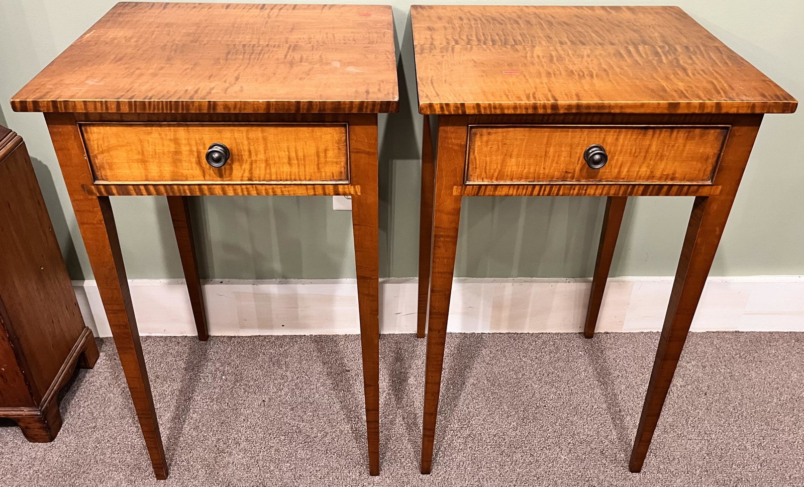 PR. CUSTOM BENCH MADE TIGER MAPLE ONE DRAWER STANDS: PR. CUSTOM BENCH MADE TIGER MAPLE HEPPLEWHITE STYLE ONE DRAWER STANDS - 16 3/8" X 17 1/4" X 27" HIGH