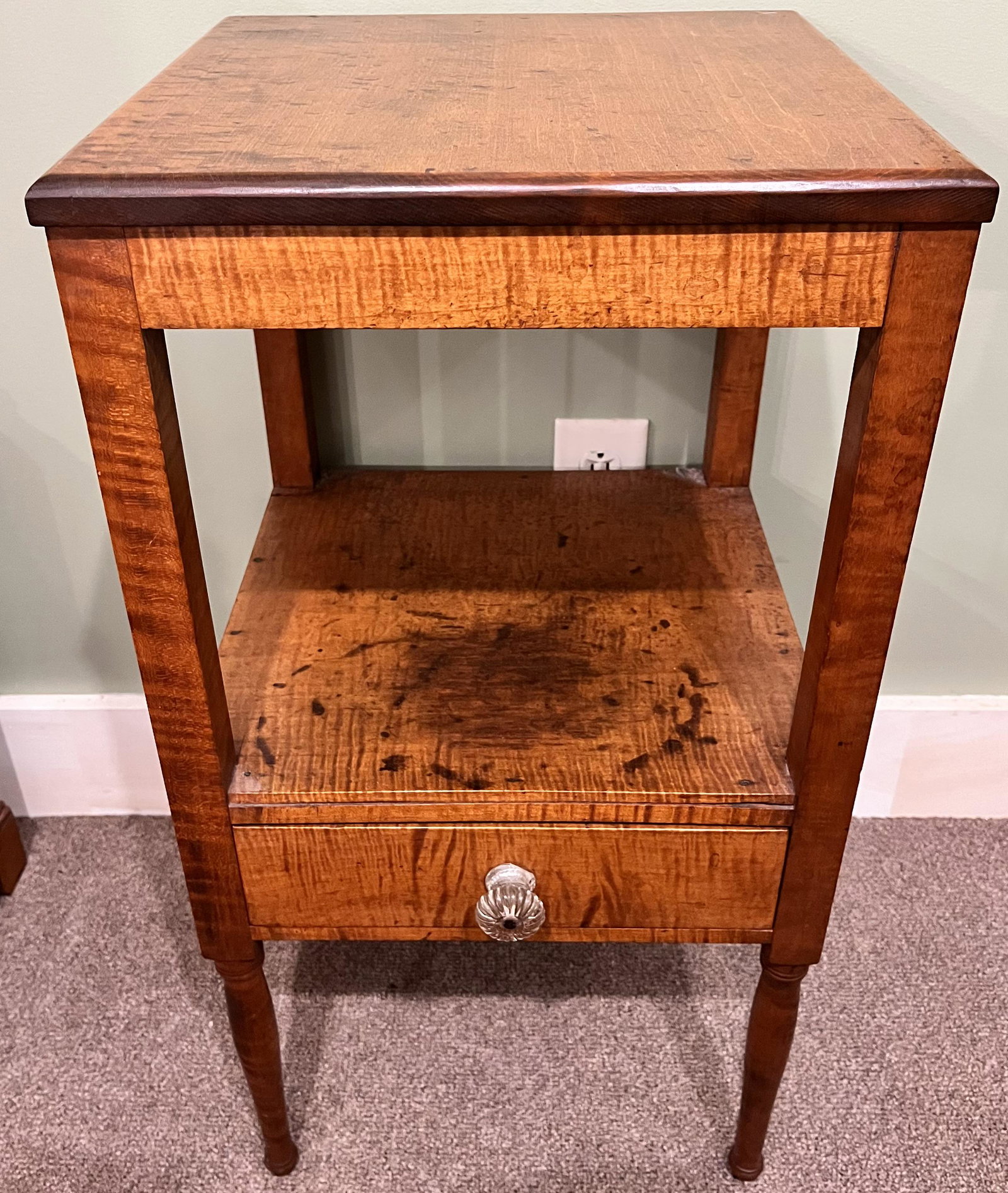 EARLY 19TH C. TIGER MAPLE ONE DRAWER STAND: EARLY 19TH C. TIGER MAPLE ONE DRAWER STAND - STRONG TIGER MAPLE GRAIN - VERY GOOD OVERALL CONDITION - 15" X 15" X 28 1/2" HIGH