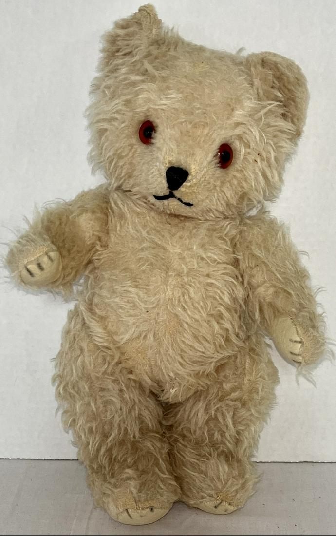 14" JOINTED MOHAIR TEDDY BEAR: 14" JOINTED MOHAIR TEDDY BEAR WITH GLASS EYES, STITCHED BLACK NOSE - CONDITION AS SHOWN IN PHOTOS - 14" HIGH