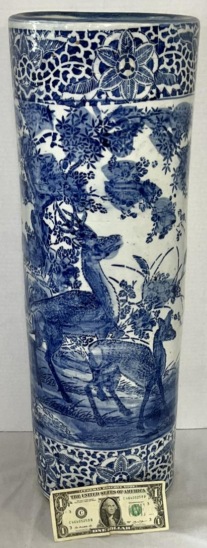 ANTIQUE CHINESE BLUE & WHITE PORCELAIN UMBRELLA STAND: ANTIQUE CHINESE BLUE & WHITE PORCELAIN UMBRELLA STAND - DEER & FLORAL DECORATION - EXCELLENT CONDITION - NO CHIPS, CRACKS OR REPAIRS - SMALL "GLAZE MISS" NEAR TOP EDGE (BROWN SPOT NEAR TOP) - 24 1/8" 
