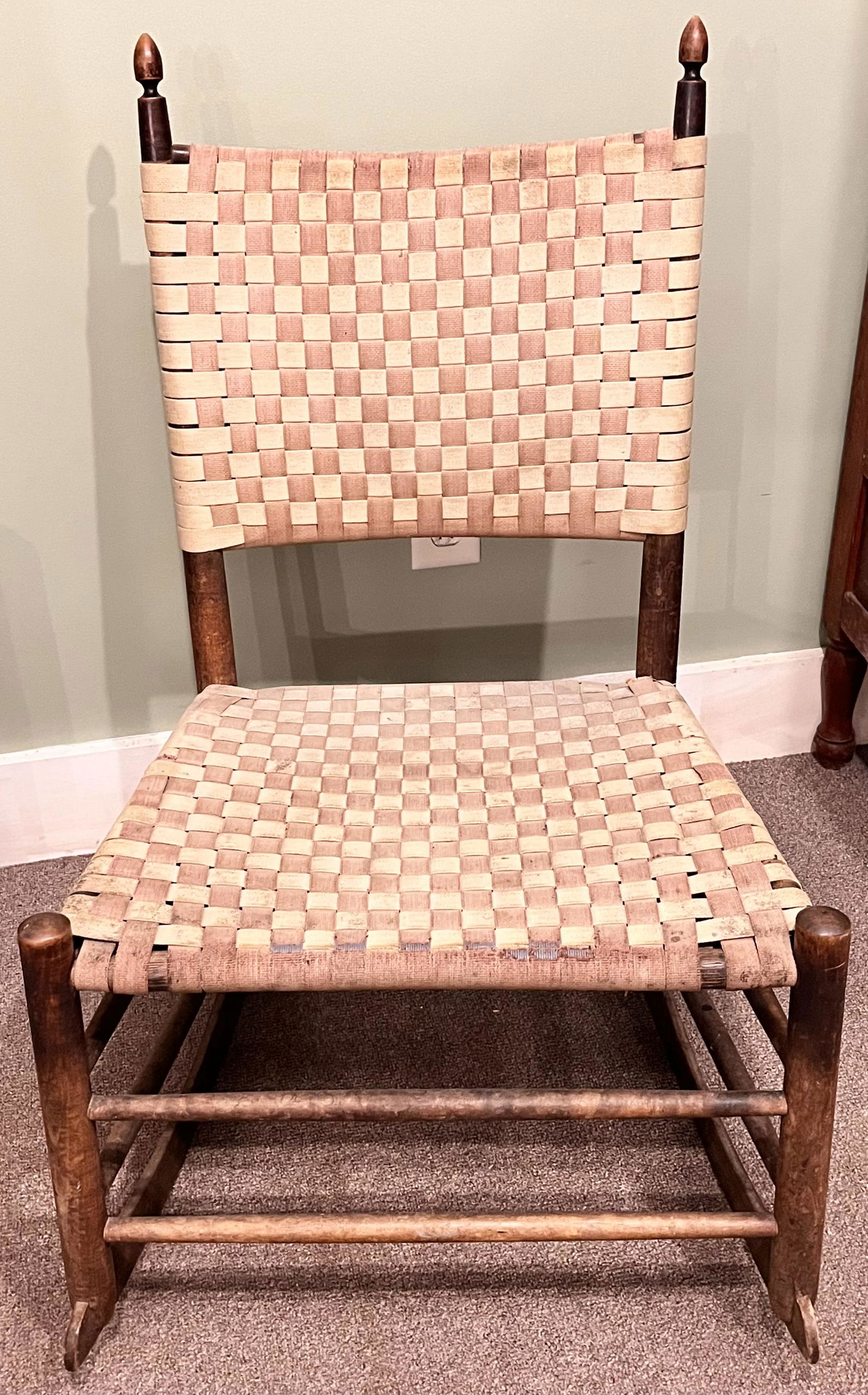 19TH C. SHAKER NO. 4 ROCKING CHAIR W/ TAPE SEAT: 19TH C. SHAKER NO. 4 ROCKING CHAIR W/ OLD TAPE SEAT - ORIGINAL SURFACE - MARKED ON INSIDE OF ROCKER - 17 3/4" WIDE X 22" DEEP X 33 3/4" HIGH, 14" SEAT HEIGHT