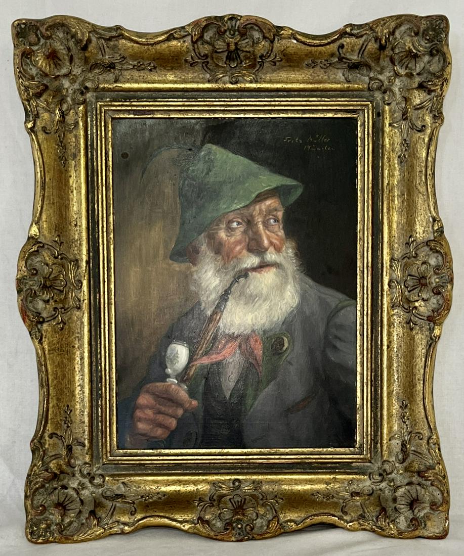 GERMAN PORTRAIT PAINTING BY FRITZ MULLER GERMANY (1913-1972): GERMAN PORTRAIT PAINTING BY "FRITZ MULLER GERMANY (1913-1972)" - PORTRAIT OF A GENTLEMAN SMOKING A PIPE - IN GOLD GILT FRAME - FRAME 13 1/2" X 13 1/4", SIGHT 9" X 6 1/2"
