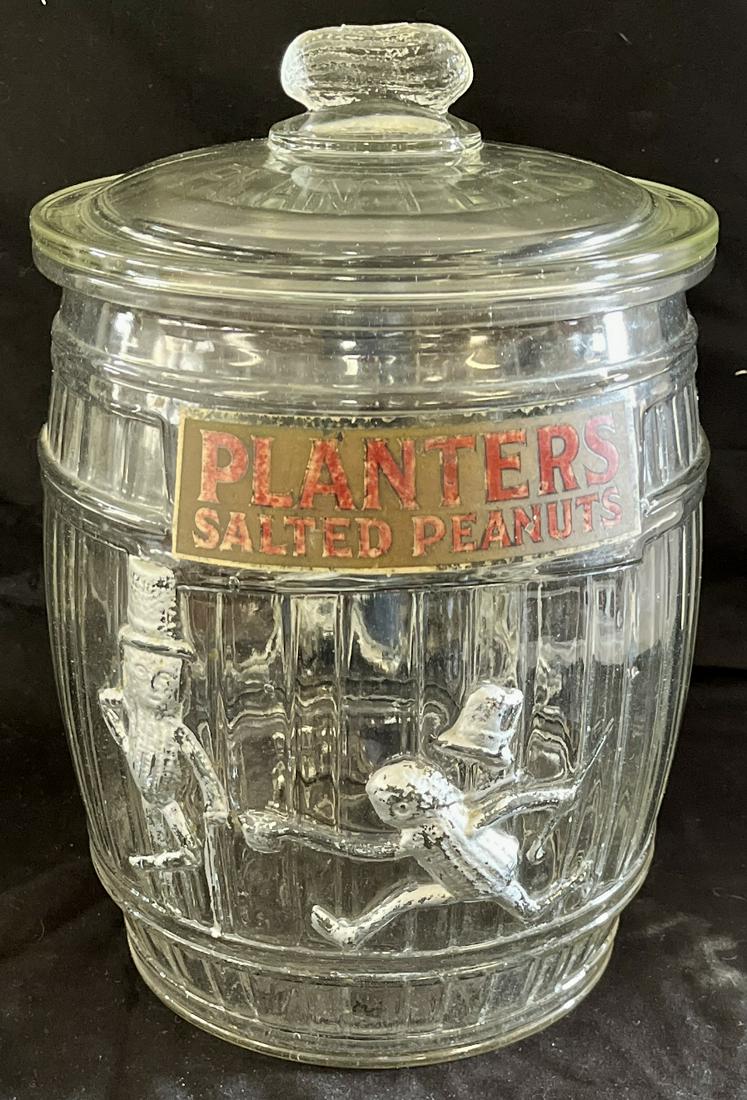 EXCEPTIONAL EMBOSSED GLASS PLANTERS PEANUT'S JAR W/ LID (1 of 15)