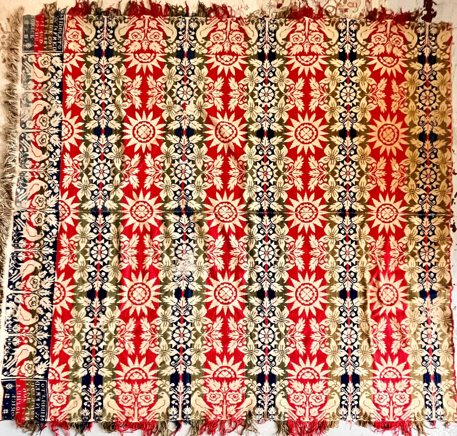 19TH C. BLUE, RED, GREEN & WHITE COVERLET "FREDERICK COUNTY MARYLAND": 19TH C. BLUE, RED, GREEN & WHITE COVERLET "MIDDLETOWN FREDERICK COUNTY MARYLAND JOSHUA CORICK" - 87" X 81"