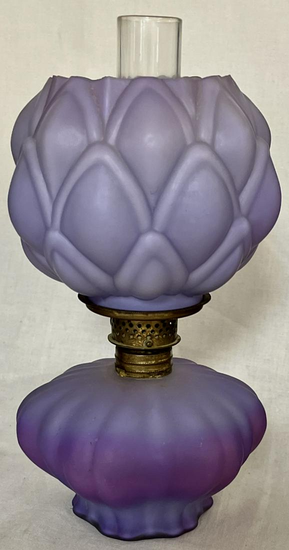 VICTORIAN MINIATURE PURPLE SATIN GLASS ARTICHOKE OIL LAMP (1 of 8)