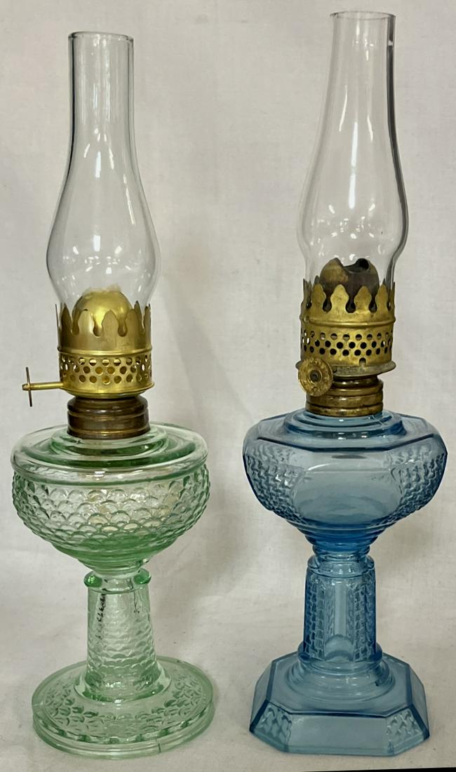 LOT 2 VICTORIAN PATTERN GLASS OIL LAMPS  - BLUE & GREEN (1 of 4)