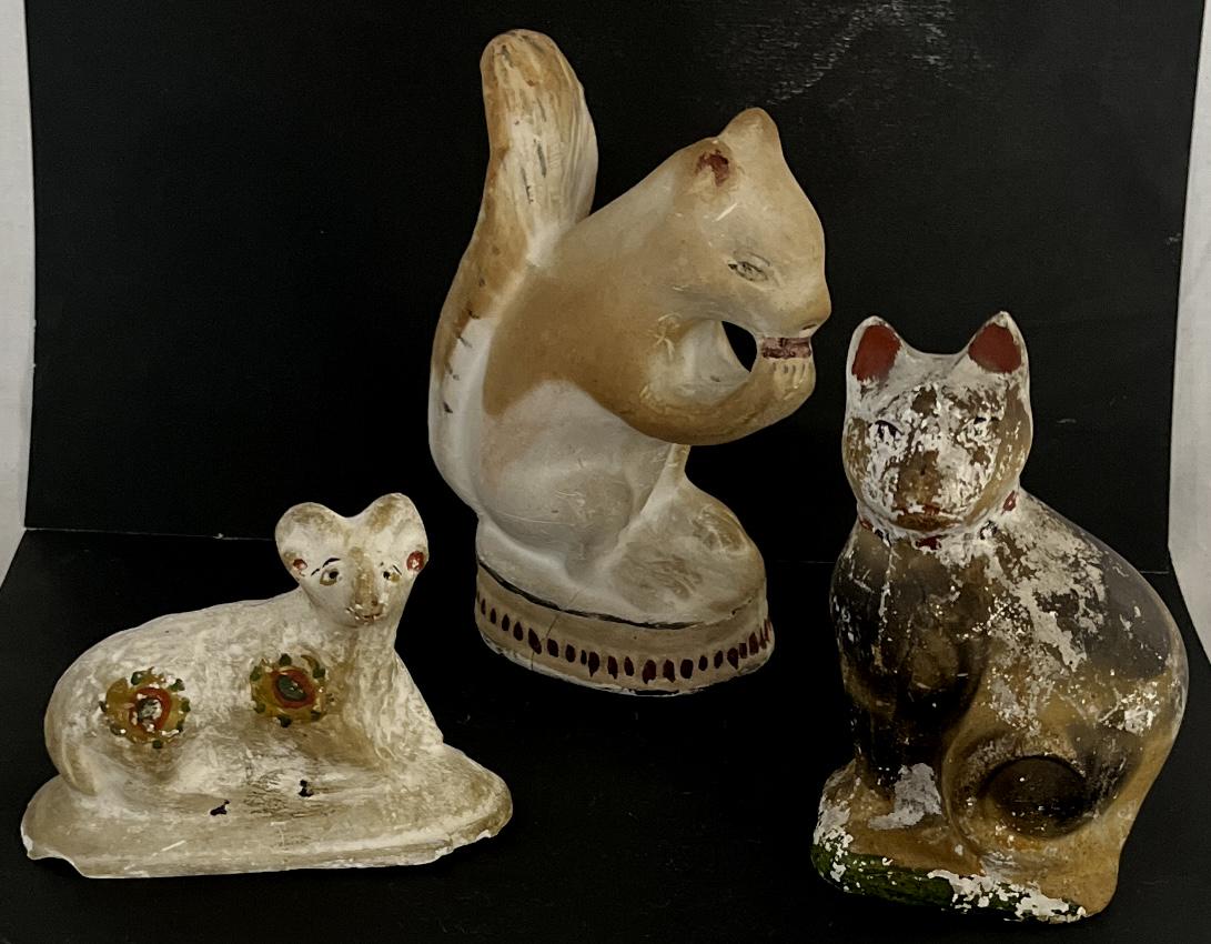 LOT 3 19TH C. CHALKWARE ANIMAL FIGURES: LOT 3 19TH C. CHALKWARE ANIMAL FIGURES - SQUIRREL 6" HIGH X 4 1/2" WIDE, CAT 5 1/2" HIGH X 3 3/4" WIDE, RAM 3 1/4" HIGH X 4 3/4" WIDE - CONDITION AS SEEN IN PHOTOS PROVIDED