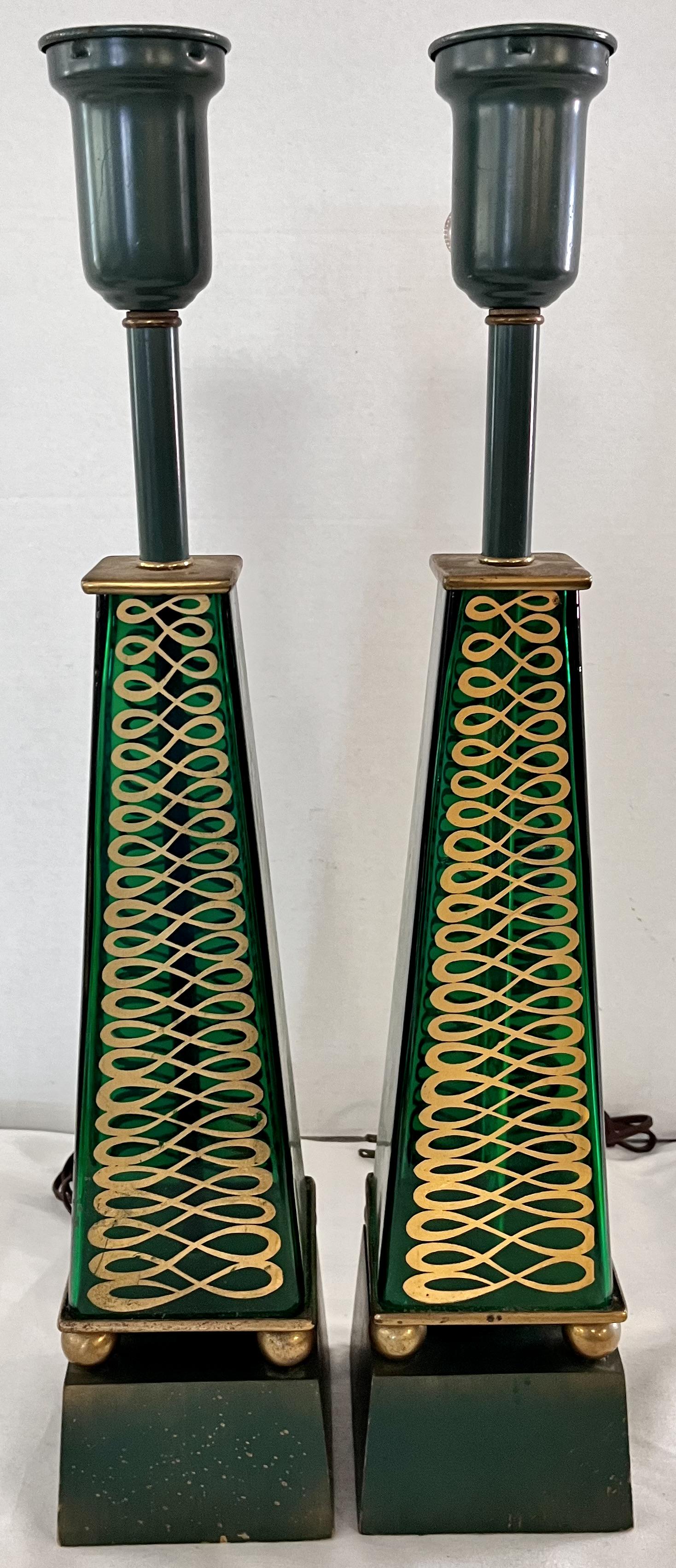 PR. MCM - MID CENTURY MODERN GREEN GLASS LAMPS W/ GILT DECORATION: PR. MCM - MID CENTURY MODERN GREEN GLASS LAMPS W/ GILT DECORATION - GOOD CONDITION - NO CHIPS, CRACKS OR REPAIRS IN THE GLASS - WORKING WHEN TESTED - 23 1/2" HIGH, BASES 4 3/4" SQUARE