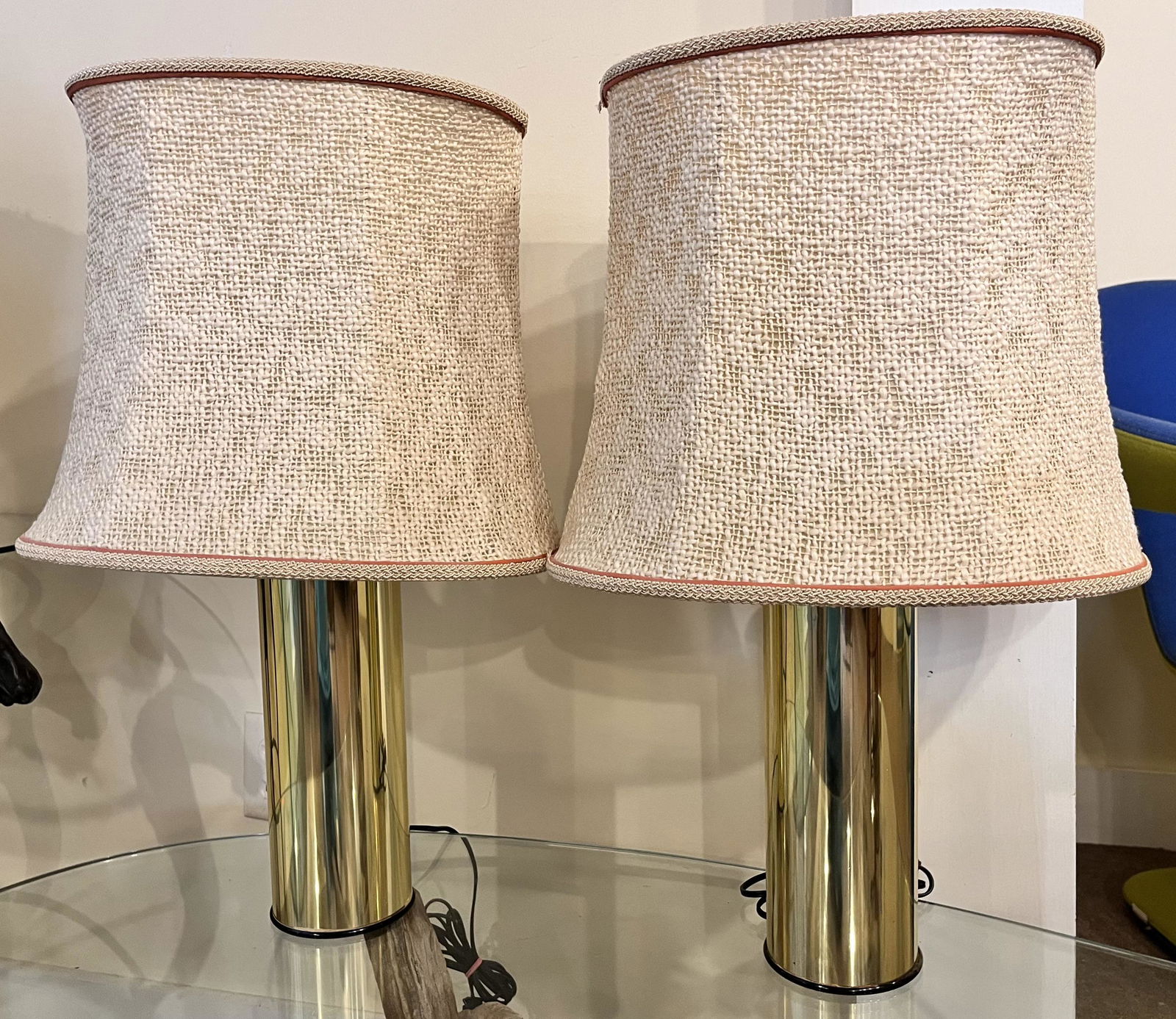 PR. MCM - MID CENTURY MODERN BRASS LAMPS W/ ORIGINAL TWEED SHADES (1 of 5)