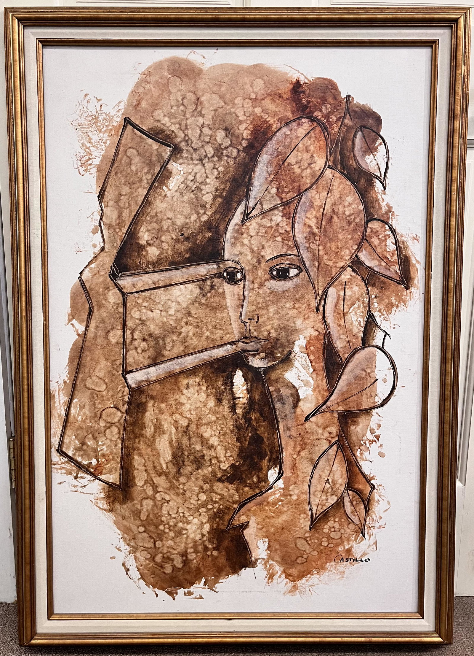 MCM - MID CENTURY O/C PAINTING SIGNED CASTILLO: MCM - MID CENTURY MODERN FRAMED OIL ON CANVAS PAINTING SIGNED "CASTILLO" - IN THE MANNER OF GEORGE CASTILLO - GOOD CONDITION - 28 1/2" X 40 1/2"