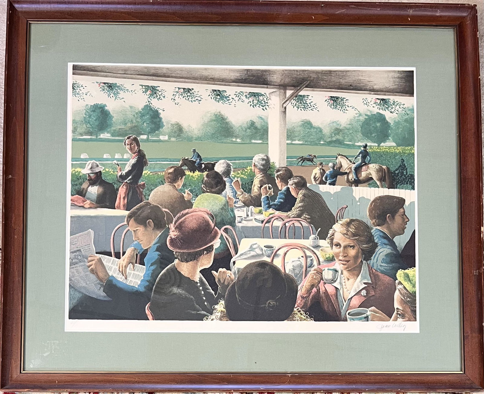 BREAKFAST AT SARATOGA LITHOGRAPH - JENNESS CORTEZ (1944 -): BREAKFAST AT SARATOGA" LITHOGRAPH BY JENNESS CORTEZ (BORN 1944, ACTIVE / LIVES IN NEW YORK / INDIANA) - SIGNED BOTTOM LEFT BY ARTIST "JENNESS CORTEZ" - FRAME 35 3/4" X 29 3/4", SIGHT 32 3/4" X 26 3/4