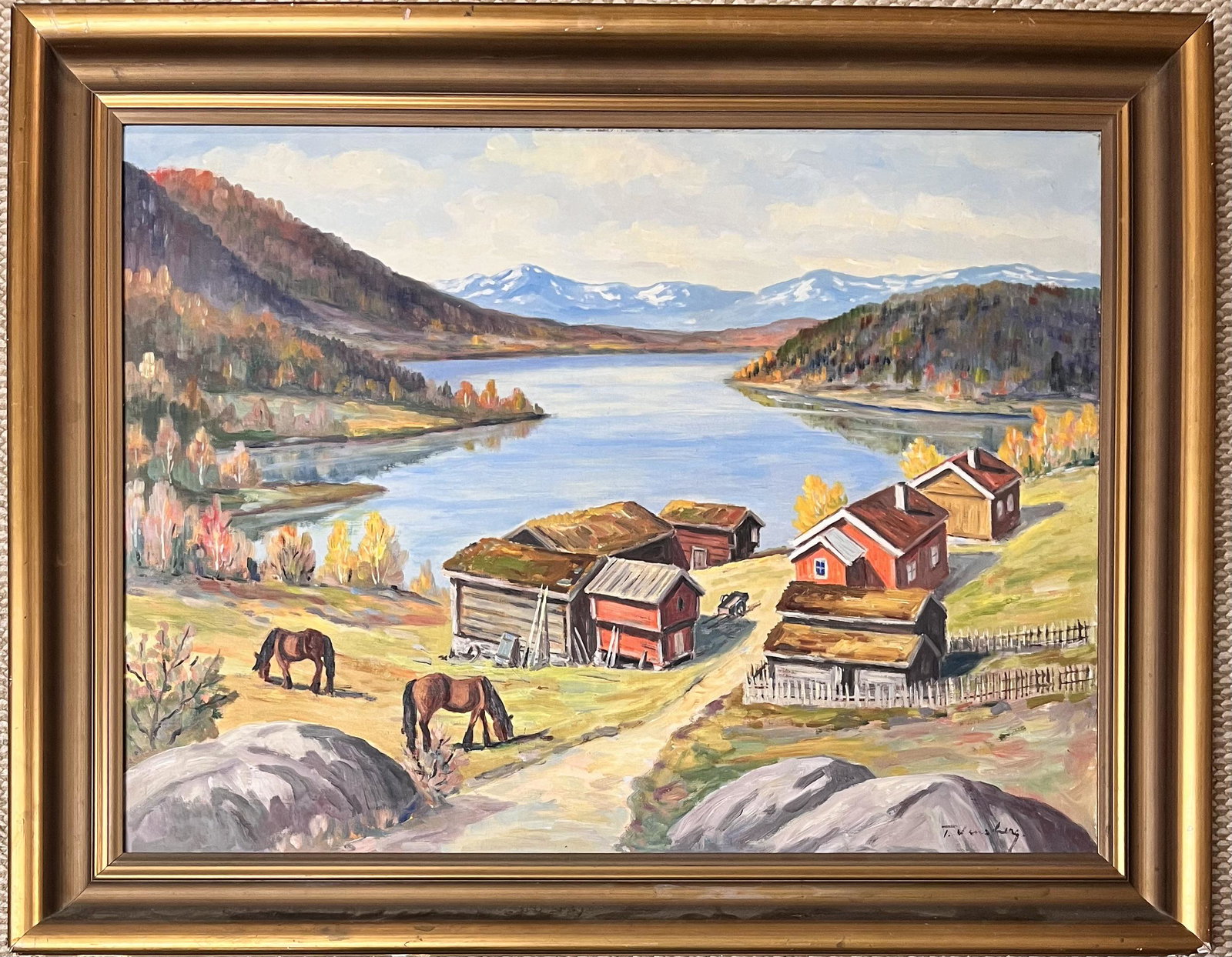 FRAMED O/C LANDSCAPE PAINTING - ARTIST SIGNED: FRAMED O/C LANDSCAPE PAINTING WITH FARM, HORSES, LAKE, MOUNTAINS - GILT WOODEN FRAME - ARTIST SIGNED T. VINSBERG? VINSBURG? - GOOD OVERALL CONDITION - FRAME 37 1/2" X 29 1/2", SIGHT 31" X 23"
