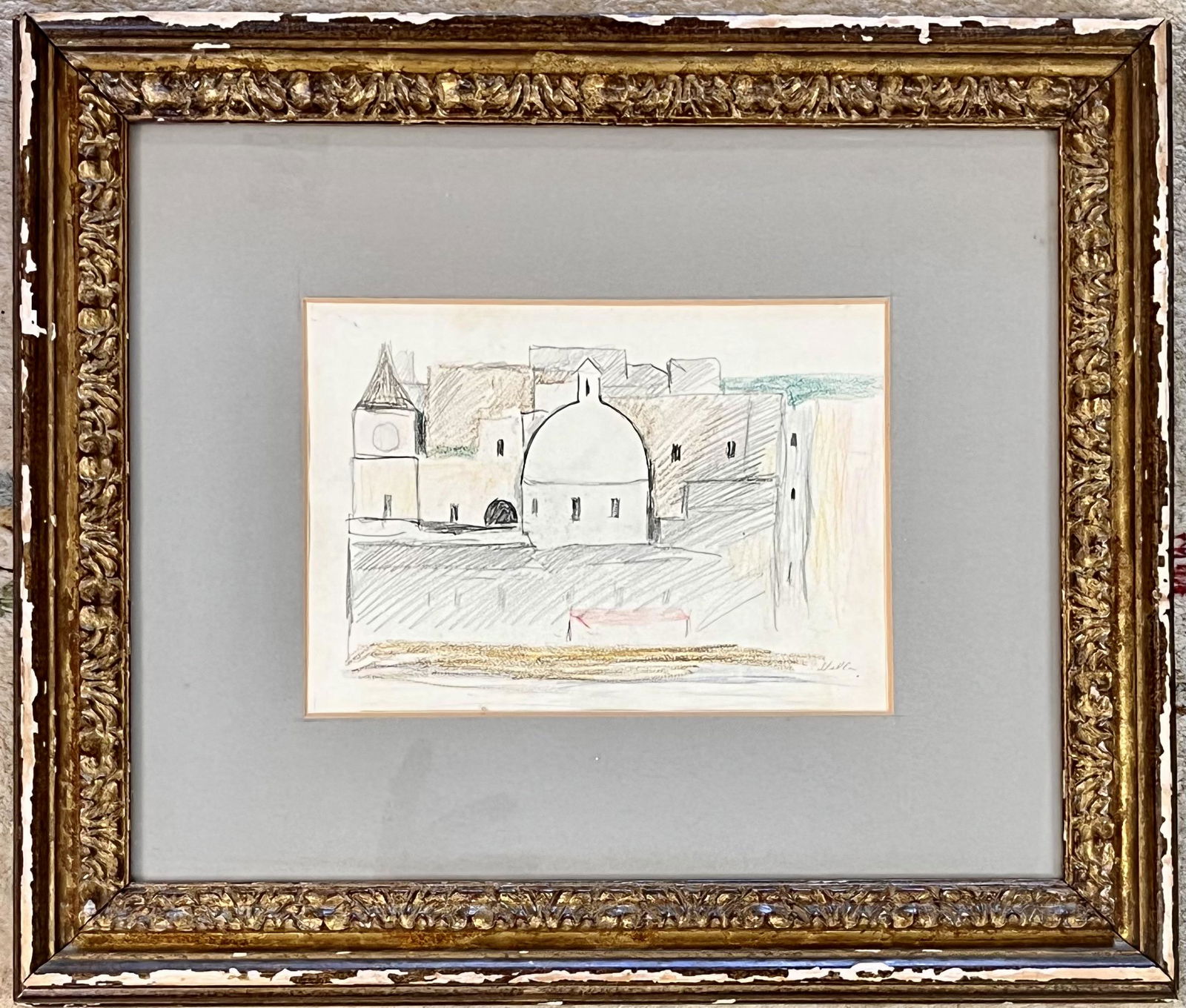 FRAMED JOSEPH STELLA DRAWING (1877-1946): FRAMED JOSEPH STELLA DRAWING (1877-1946) - COLORED CRAYON, GRAPHITE - LABEL ON BACK - TITLED "ITALIAN TOWN" CIRCA 1930 - "PROBABLY A STUDY FOR A PAINTING" - FROM THE COLLECTION OF RONALD D. BROWN - FR