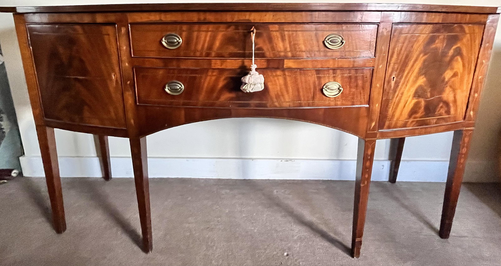 19TH CENTURY ENGLISH INLAID MAHOGANY HEPPLEWHITE STYLE SIDEBOARD: 19TH CENTURY ENGLISH INLAID MAHOGANY HEPPLEWHITE STYLE SIDEBOARD - WITH WORKING KEY - GOOD OVERALL CONDITION - MINOR SURFACE WEAR - 73" WIDE X 25" DEEP X 40 1/4" HIGH