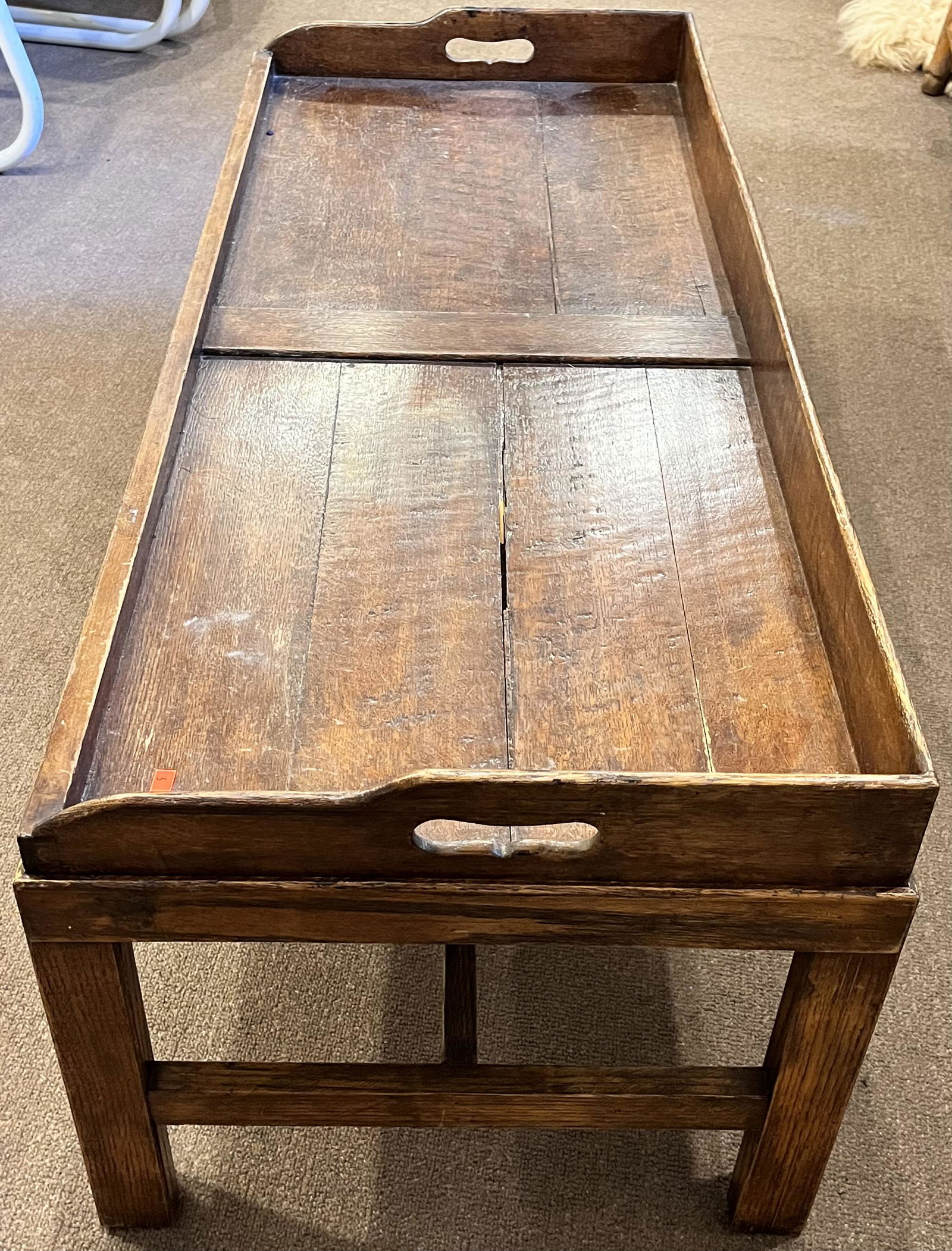 ENGLISH OAK CHIPPENDALE 'TRAY TOP' COFFEE TABLE: ENGLISH OAK CAMPAIGN STYLE CHIPPENDALE 'TRAY TOP' COFFEE TABLE - SPLITS TO TOP - CONDITION AS SEEN IN PHOTOS PROVIDED - 45" WIDE X 19" DEEP X 17 1/2" HIGH