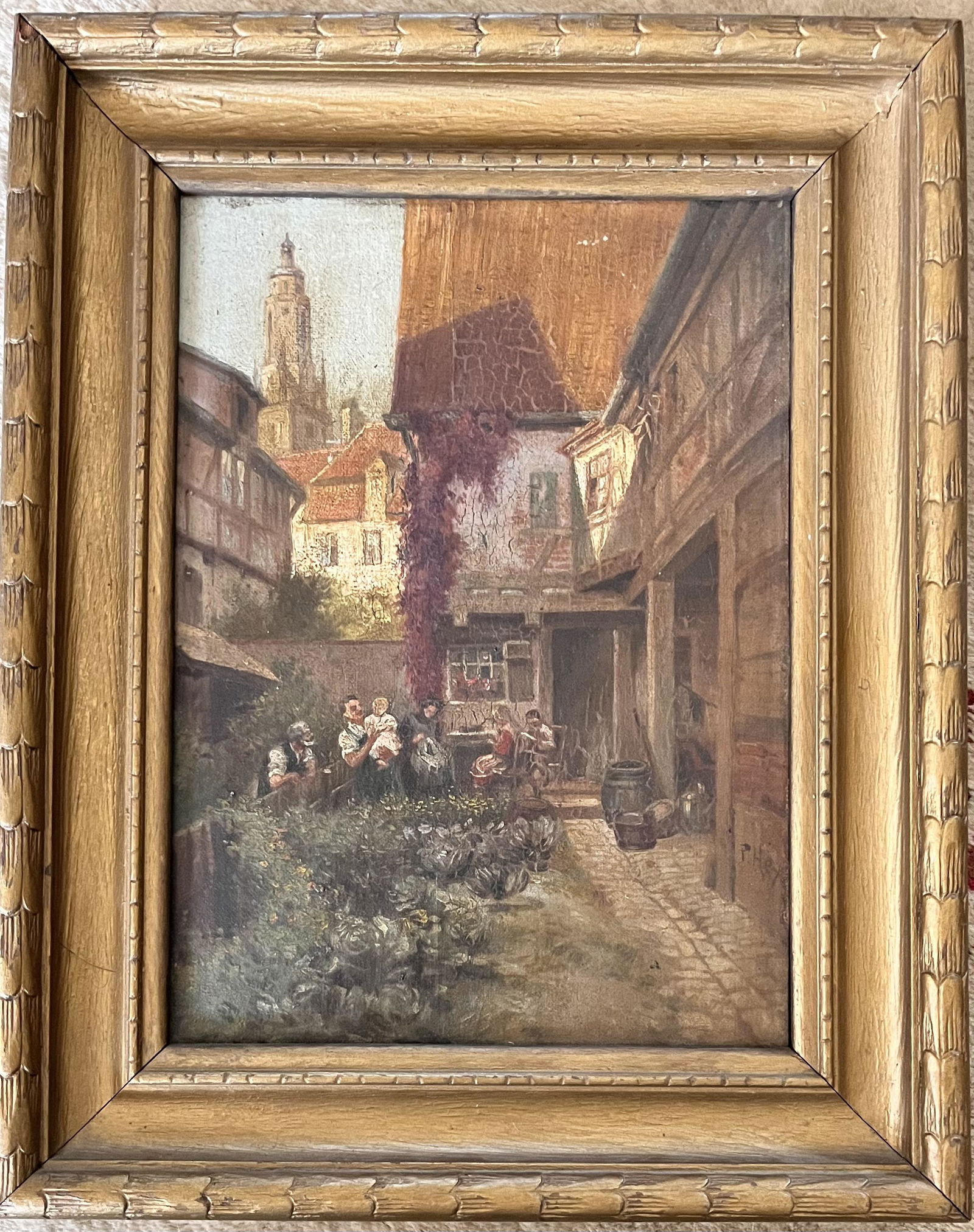 OIL ON CANVAS ON BOARD - OUTDOOR SCENE - PAUL HEY (GERMAN, 1867 - 1952): OIL ON CANVAS MOUNTED ON BOARD - OUTDOOR SCENE - ARTIST SIGNED PAUL HEY (1867 - 1952, ACTIVE / LIVED IN GERMANY) - FRAME 11 3/4' X 14 3/4", SIGHT 7 3/4" X 10 3/4"