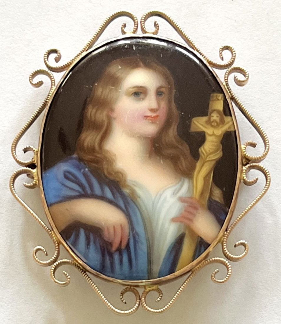 HAND PAINTED PORCELAIN RELIGIOUS BROOCH SET IN 10K GOLD (1 of 6)