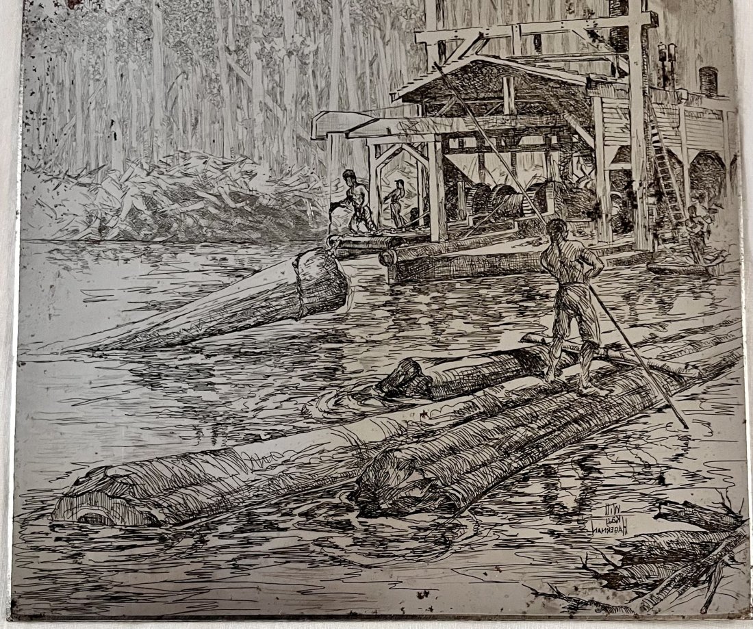 ORIGINAL "KENT HAGERMAN" ENGRAVING PLATE - LOGGING MILL SCENE (1 of 8)