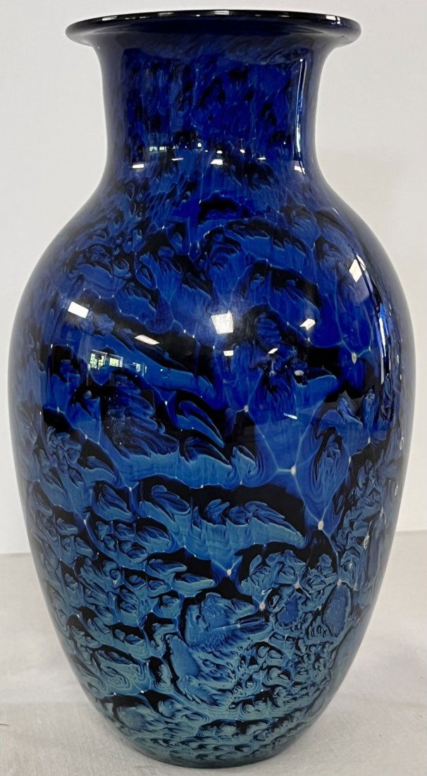 SIGNED & DATED BLUE JOSH SIMPSON STUDIO ART GLASS VASE: SIGNED & DATED BLUE JOSH SIMPSON STUDIO ART GLASS VASE - THE VASE IS SIGNED AND DATED ON THE BOTTOM "SIMPSON 5/16/03" - EXCELLENT CONDITION - 6 3/4" HIGH, 2 5/8" DIAMETER TOP, 3 3/4" DIAMETER AT WIDES