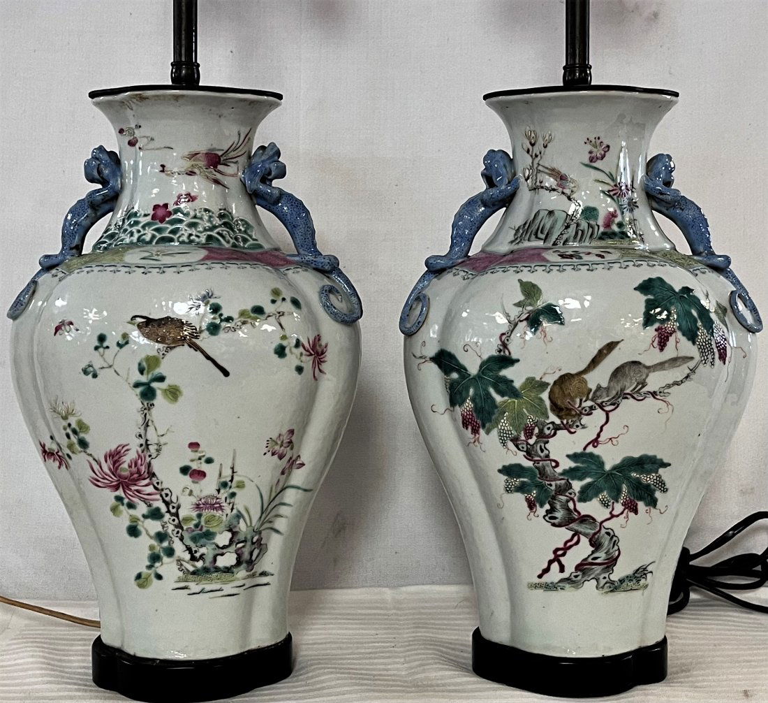 PR ANTIQUE CHINESE PORCELAIN LAMPS W/ BIRDS & SQUIRRELS (1 of 20)