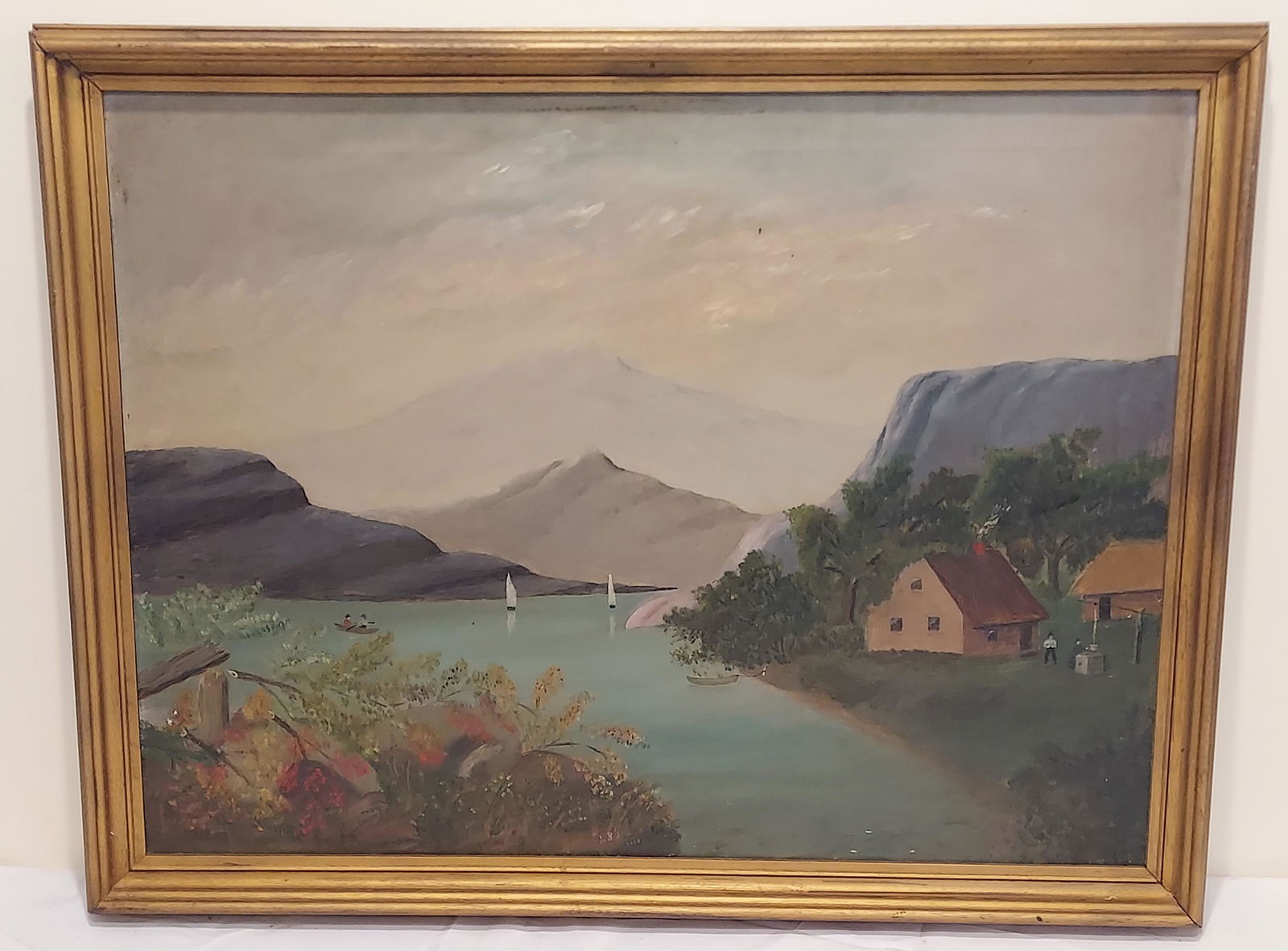 Unsigned oil on canvas painting folk art lake sailboat scene (1 of 12)