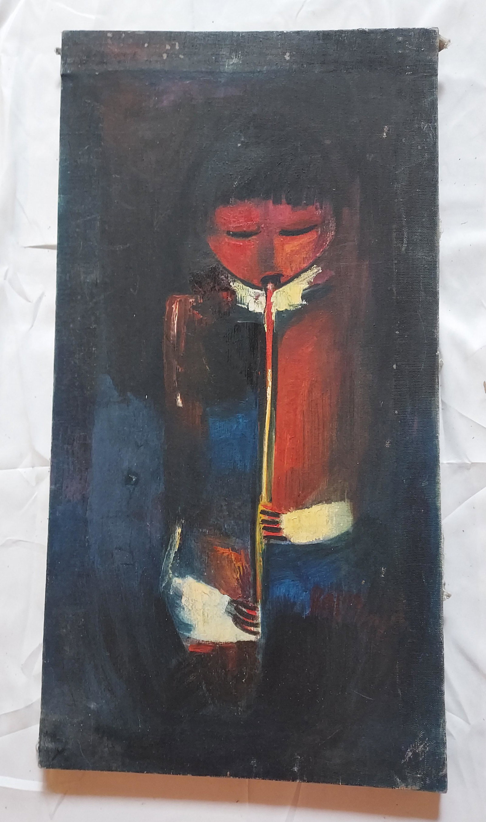 Rojas Angel columbia Oil on canvas modernist girl playing instrument: Rojas Angel columbia Oil on canvas modernist girl playing instrument 14 1/2 x 28 x 1" Condition as pictured, unless otherwise noted. If you have any question please contact us.