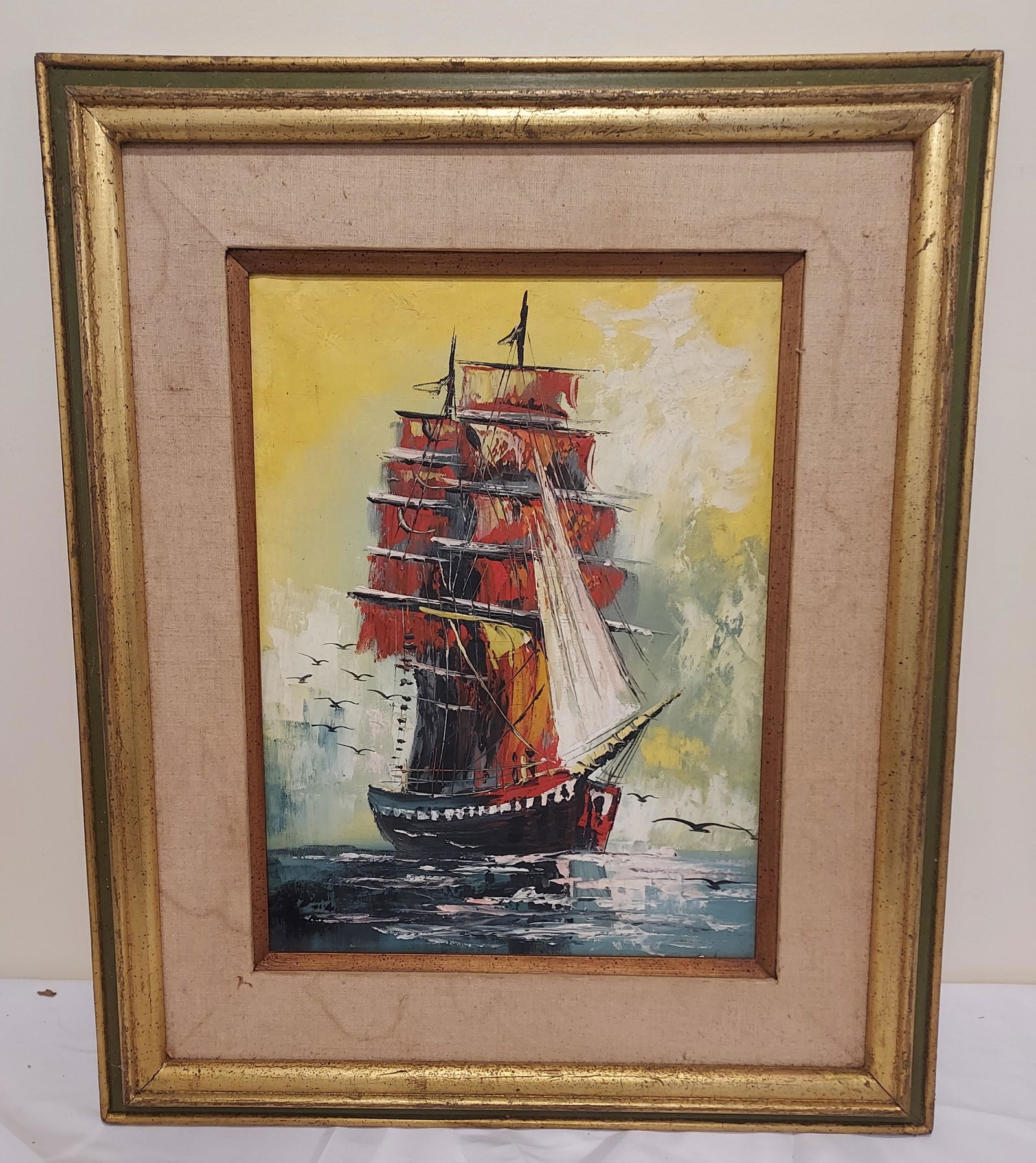 Unsigned  mid century ship seascape oil painting (1 of 7)