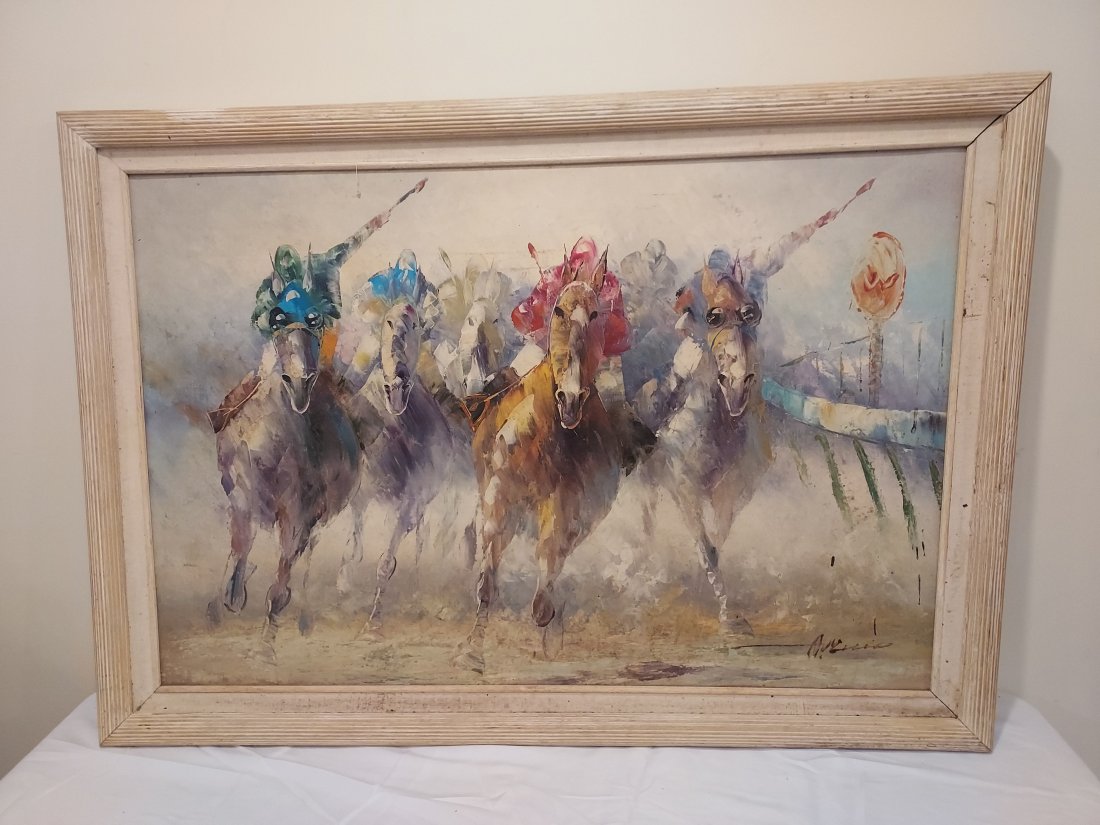 Anthony Vecchio modern horse racing oil painting: Anthony Vecchio modern horse racing oil painting 41 x 28 1/2 x 3" 7lb twist to frame Condition as pictured, unless otherwise noted. If you have any question please contact us.
