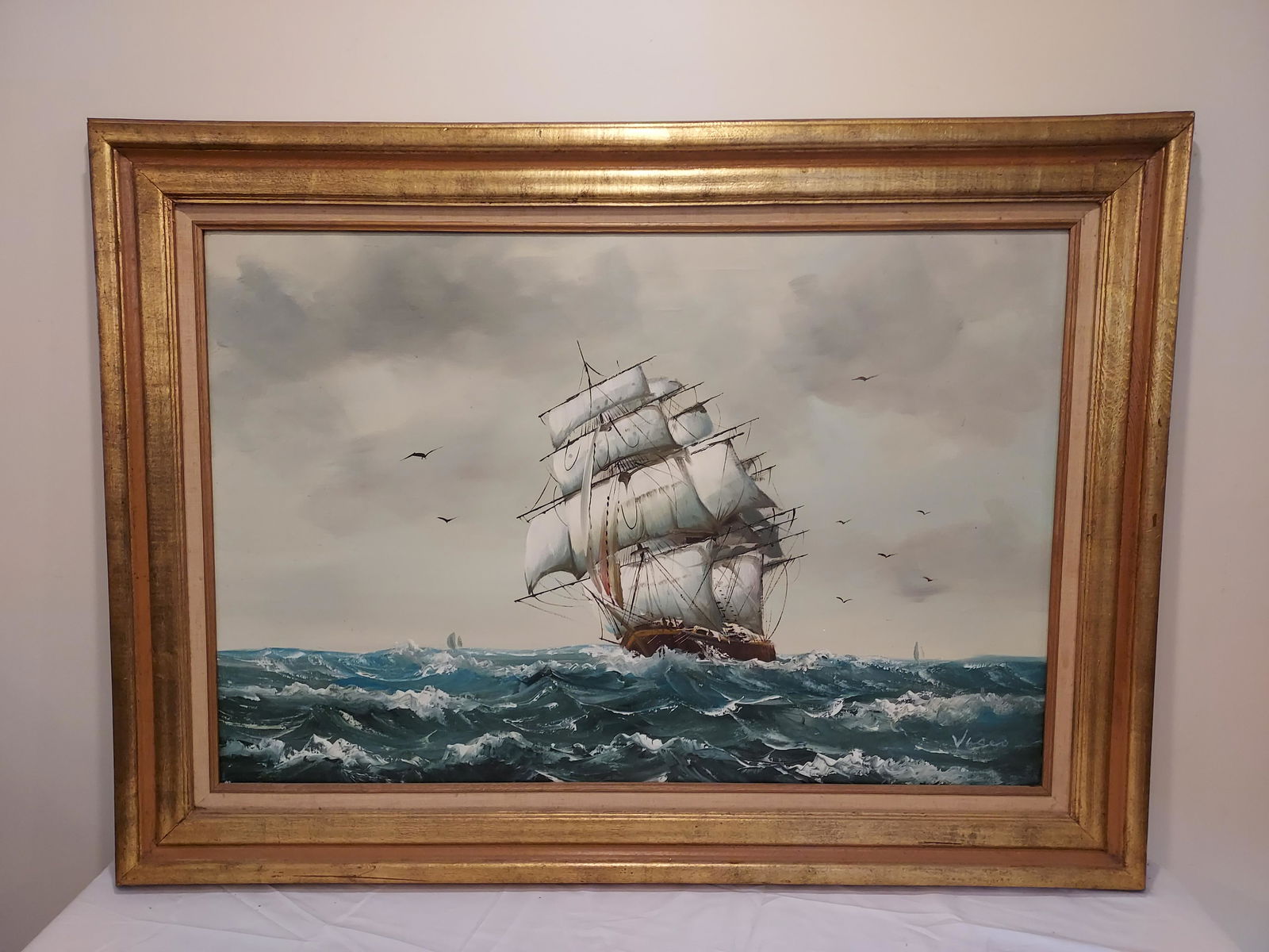 Signed illegibly modern ship seascape oil painting (1 of 13)